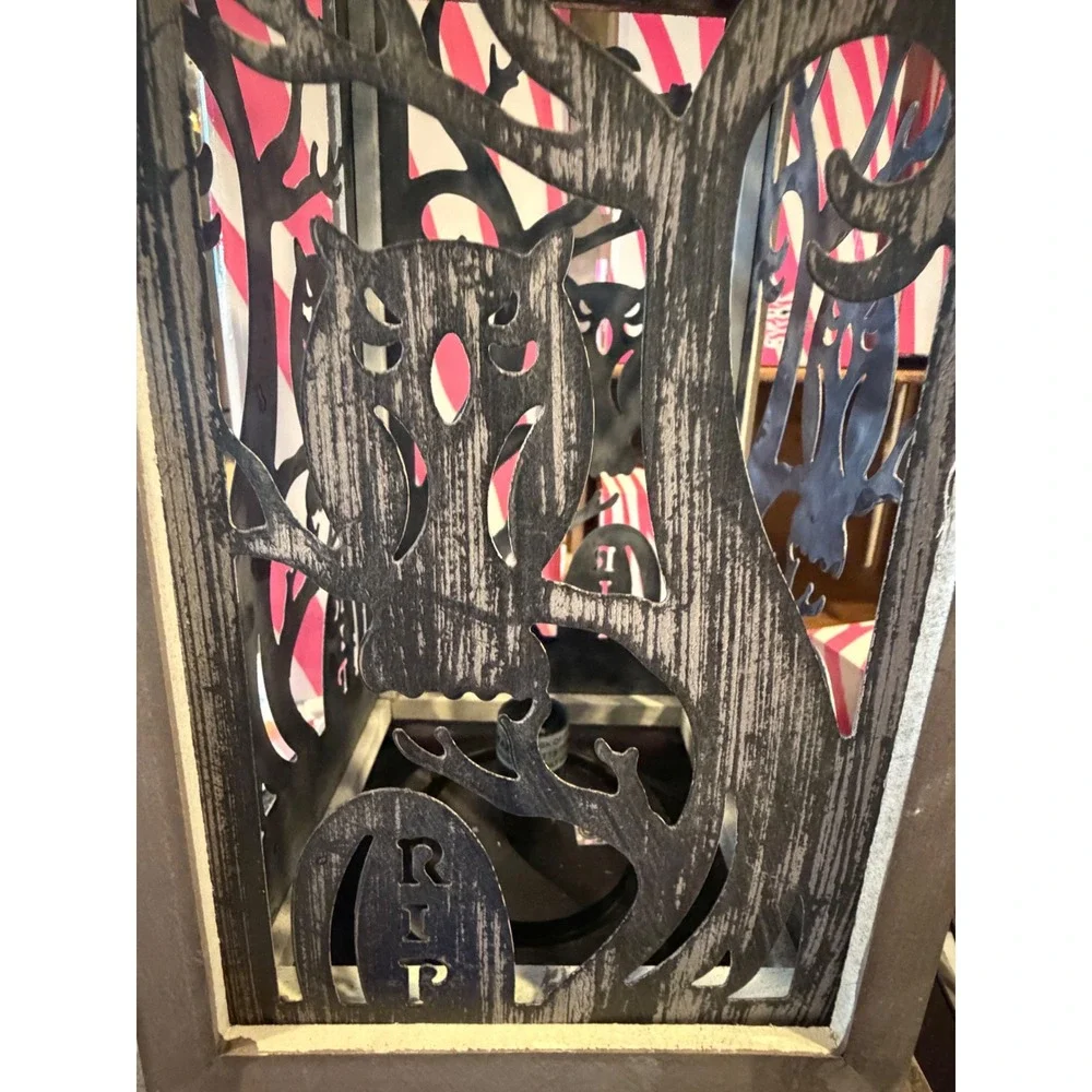 Pink Zebra Halloween Owl RIP Lantern Accent Lamp Distressed Grey Wood Metal